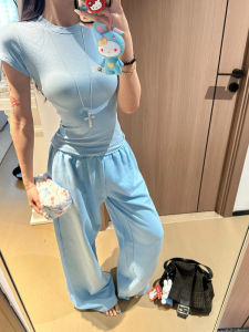 Baby Blue round Neck Short Sleeve T-Shirt Womens Summer Slim Fit Top And Long Pants Set Cotton Material Fashionable Ensemble