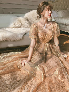 Glary Star Champagne Evening Dress Womens Annual Meeting Dress Banquet Temperament Light Luxury High-end Celebrity Birthday Long Style