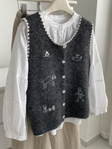 Korean Cartoon round Neck Embroidered Knitted Vest Cardigan Womens Fashion Ageless High-End Vintage Sleeveless Top