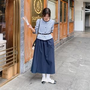 Blue Elegant Commute Womens Set Skirt Spring Autumn High-End Feeling Half Skirt One Whole Set Long Sleeve round Neck Button Style