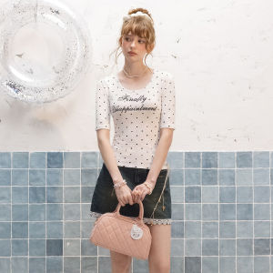 Unifree | White Letter Print Dots Short Sleeve U-Neck Slim Fit Korean Style T-Shirt