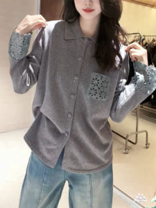QINGNAER | Elegant Anti-aging Large Size Gray Lace Cuff Shirt