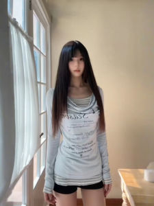 Áo Thun Dài Tay American Style Slim Fit Dành Cho Nữ Mùa Xuân Thu Mỏng Giả Hai Mảnh Cổ Tròn in Họa Tiết Thường Ngày