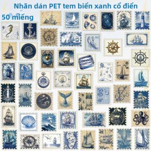 Bộ 50 Vintage Xanh Dương Hàng Hải Tem Vàng Dập PET Dán Tường Cho DIY Điện Thoại Thư Hành Lý Tủ Lạnh Thẩm Mỹ Văn Phòng Phẩm