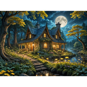 Jigsaw Puzzle Vibrant Calming Serene Beautiful Moon Forest House Landscape Art For Adults Great Relaxation And Family Fun Gift