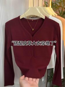 Ankela Red Short V-neck High-waist Womens Fashionable All-match Flocking Warm Slim Long-sleeve Base T-shirt Winter Commute