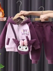 Thickened Fleece Childrens Winter Outfit Cartoon Print Hoodie And Pants Set for Girls Warm Casual Sport Style Kids Clothing