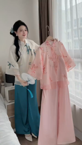 Bộ đồ lam đồ pháp phục thanh lịch đi chùa set du xuân mặc Tết thiết kế áo Xô Lưới thêu cột nơ cổ tàu tay tầng kèm quần dài Tuyết Nhung