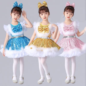 Phong Cách Công Chúa Sáng Bóng Sequin Puffy Váy Trang Phục Biểu Diễn Trẻ Em Dancewear Cho Bé Gái Biểu Diễn Sinh Nhật Biểu Diễn Sân Khấu Đầm