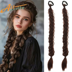 หางม้าถักยาว 2 ชิ้นสำหรับผู้หญิงผมตรงห่อรอบผมหางม้าสังเคราะห์ผมหางม้าพร้อมยางรัด