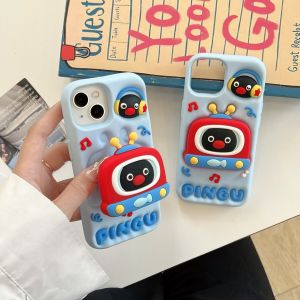 Cute Cartoon Penguin Stand Phone Case Creative 3D Anti-Fall Protection Cover for  15ProMax 14ProMax 16ProMax Fashionable Silicone Shell