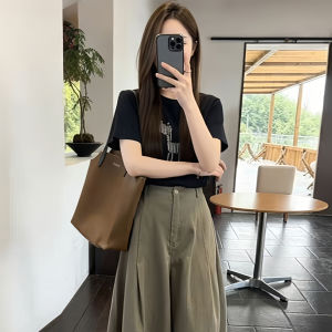 Shalldoer | Quần Dài 3/4 Phong Cách Retro Màu Xanh Quân Đội eo Cao Form Rộng