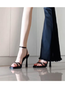 Kendall Sense! Summer 2024 New Arrival Black Square Toe Thin Strap High Heel Sandals Genuine Leather All-Matching High Heels