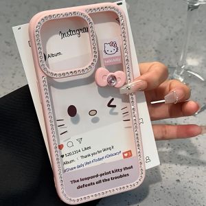 Kitty Cat Butterfly Knot Diamond Shiny Phone Case Simple Luxury Style Compatible with  15Plus 14Pro 13 12 Anti-Fall Protection