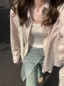 Pink Sweet Style Salt System Plaid Shirt Jacket Womens Autumn Winter Loose Sun Protection Open Cardigan Trendy Top