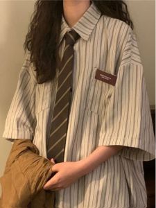 Áo Sơ Mi Kẻ Sọc Tay Ngắn Dáng Rộng Cho Nữ Mùa Hè 2025 Áo Sơ Mi Cổ Bẻ Thường Chất Liệu Khác