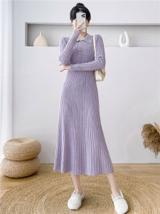 French Initial Tea Break Knitted Dress Womens Autumn Winter High Waist A-Line Sweater Dress Elegant Ladylike Midi Skirt