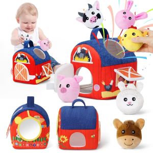 Portable Baby Barn Toy Box Farm Mini Doll with Filled Farm Animals Montessori Toddler Sensory Toy for 1-3 Years Old Children
