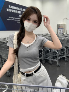 Áo Thun Nữ Tay Ngắn Mùa Hè 2025 Mới Dáng Ôm Cổ Tròn Giả Hai Mảnh Thanh Lịch Phong Cách Hàn Quốc Thường Ngày