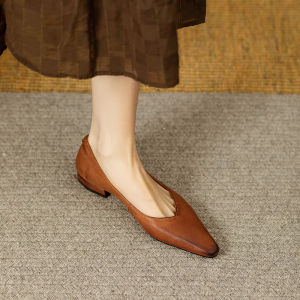 Brown Retro Womens Slip-On Shoes Leather Low Heel Flat Bottom Fashionable Spring Autumn New Style French Style Single Shoes