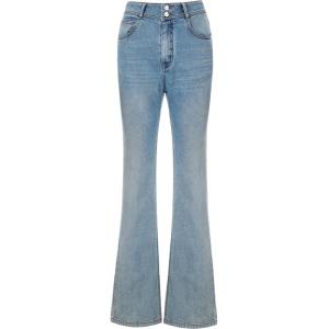 TAMMY TANGS | Sugar Power Light Blue Acetate Mixed Weave Micro Flared Jeans Womens Slimming Leg Lengthening High Waist Zipper Casual Jeans