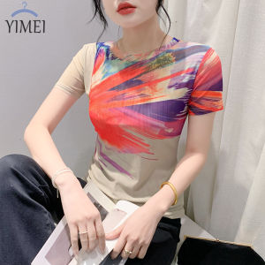 YIMEI 2024 Summer New European Slim Fit Printed Short sleeved T-shirt Womens Age Reducing Mesh Lace Small Shirt Cover Belly Top