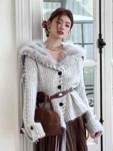 MIUCO | Áo Cardigan Cape Len Cổ Lớn Sang Trọng Lông Fox cho Mùa Đông