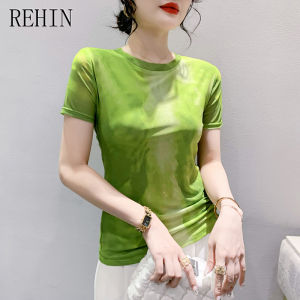 REHIN Summer fashion mesh tie-dye positioning flower short-sleeved T-shirt round neck slimming and stylish womens top