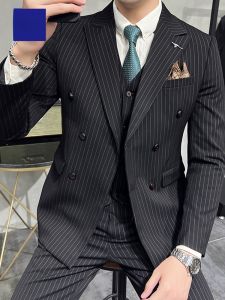 ROMON | Lormen Mens Casual Wedding Suit Set Double Row Buttons Business Formal Mens Striped Tailored Clothes For Groom And Guests