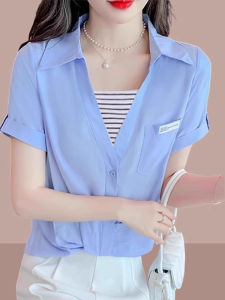 Ladies Short Sleeve Chiffon Shirt Summer New Style Large Size Womens Small Fake Two-Piece Top Trendy Button-Up Loose Fit Blouse