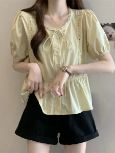 Korean Style Sweet Matching Doll Shirt French Lace Trim Splice Short Sleeve Bubble Sleeve round Neck Casual Loose Womens Blouse