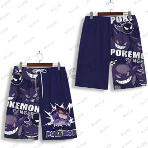 MINISO Pokemon Gengar Cartoon New Summer Mens Shorts Boys Girls Clothes Vacation Beach Sports Shorts Kids/Adult Short Pants