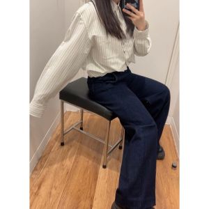 กางเกงยีนส์ทรงหลวมเอวสูงทรงตรงสีน้ำเงินเข้มสำหรับผู้หญิงไซส์ใหญ่ กางเกงขายาวทรงขากว้างสไตล์อเมริกันย้อนยุค