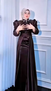 Maxi Dress Brokat Spangle Burgundy Mahogany Viral Mewah Elegan Terbaru 2025 Bahan Velvet Kombinasi Payet Mutiara Premium / Gaun Pesta Perempuan Remaja Ootd Oufit Hijab Simple