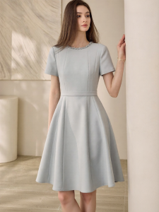 Roey s house | Elegant Light Blue Waist-Tying Round-Neck Autumn Ladies Dress