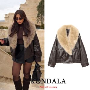 Áo Khoác Da Nữ KONDALA Phong Cách Đường Phố Cổ Lông Tay Dài Dáng Rộng Mặc Ngoài Mùa Thu Đông Thời Trang Thường Ngày