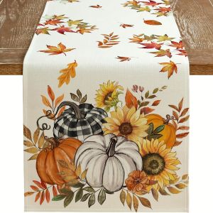 1 Piece of Autumn Harvest Table Runner Painted Pumpkin Sunflower Fallen Leaves Suitable for Restaurant Home Picnic Harvest Party Market Decoration.