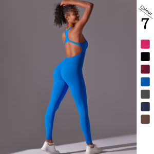 New Seamless Breathable One-Piece Yoga Suit Pure Color Tight Airborne Beautiful Back Long Jumpsuit Womens Fitness Clothing
