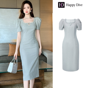 Happy Diva เดรสผู้หญิง เดรสสีเทา เดรสแขนพอง เดรสคอเหลี่ยม เดรสทำงาน เดรสไฮโซ เดรสวินเทจ เดรสออกงาน เดรสปาร์ตี้ ชุดราตรี 30900