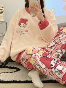 Thickened Coral Fleece Pajamas Set for Women Sweet Cute Korean Style Autumn Winter Home Clothes Matching Long Pants Sleepwear