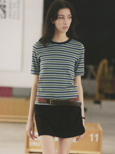 Skin-friendly Elastic Slimming Stripe Short Sleeve T-shirt Womens Commute Style Straight Cut Polyester Cotton Blend Summer Top