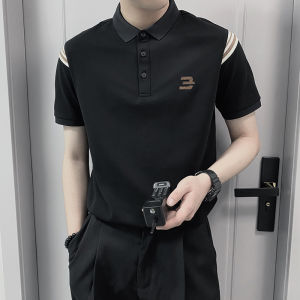 Ice Silk Short Sleeve Polo Shirt Mens Summer Trendy Splice Handsome Top New 2025 Standard Fit Youth Popular Polyester Fiber