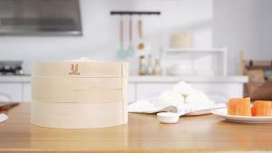 10-Inch Bamboo Food Steamer with Lid - 100% Natural Bamboo - Basket Steamers for Cooking Dumplings Dim Sum Veggies Fish Meat