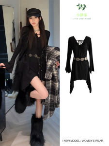 Fashion Slim Fit Black Asymmetrical Belted Dress Womens Long Sleeve Sweet And Spicy Girl Skirt Korean Style Spring Autumn