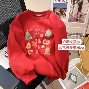 เสื้อสเวตเตอร์คอตตอนบุขนแกะสีแดงสำหรับเด็กผู้หญิงในฤดูใบไม้ร่วงและฤดูหนาว เสื้อแขนยาวบุขนแกะสำหรับเด็กผู้หญิง