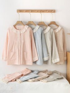 ชุดนอนผ้าฝ้ายแต่งลูกไม้หวานสําหรับผู้หญิงชุดนอนแขนยาวน้ําหนักเบาเหมาะสําหรับฤดูใบไม้ผลิฤดูใบไม้ร่วงฤดูร้อน