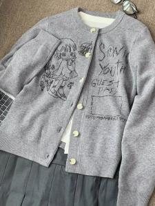 American Preppy Style Knitting Cardigan Female Autumn Comic Graffiti Silm Slim Looking Gray Outer Match Short Sweater Outwear