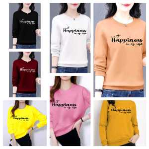 kaos wanita lengan panjang 100rb dapat 4pcs motif Happiness tulisan terbaru bahan babyterry premium dapat 4 warna randam dan 4 motif terbaru