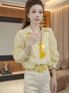 Áo Sơ Mi Dài Tay Màu Vàng Nhạt Phong Cách Hàn Quốc Thanh Lịch Sang Trọng Mùa Thu 2025 Áo Sơ Mi Đa Năng Thanh Lịch Dành Cho Nữ