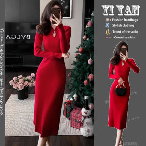 Red Knitted Qipao Dress Autumn Winter New Chinese Style Bodycon Wine Serving Ceremony Dress Elegantly Tailored Long Sleeve Sweater Skirt
